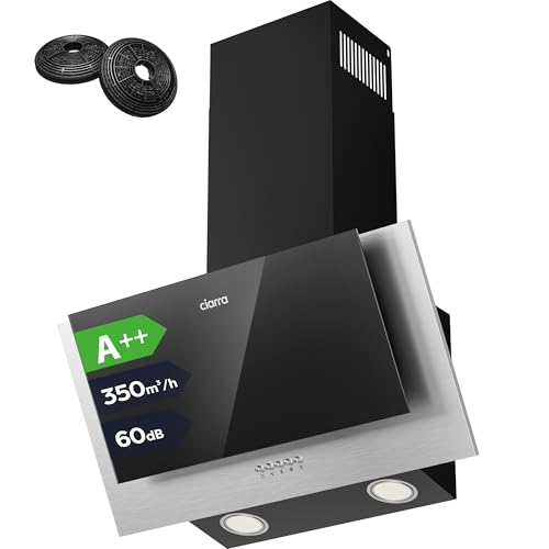 CIARRA CBCB6736C A++ Dunstabzugshaube 60 cm Umluft Kopffreie Schräghaube 350 m³/h mit CBCF002X2 Aktivkohlefilter Abluft 3 Stufen Wandmontage Wandhauben Abzugshaube Schwarz