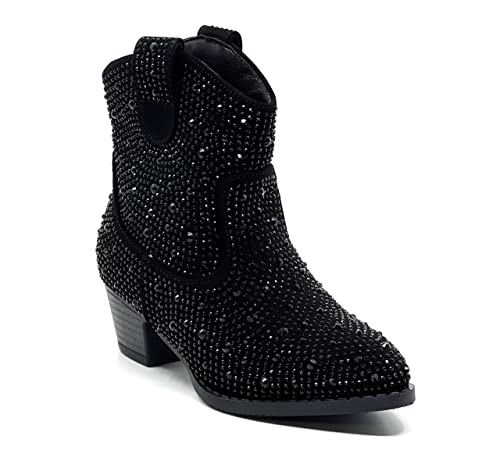 Forever Girls Rhinestone Cowboy Boots Kids Low Heel Dress Booties River-01K Black 3 #TOP5
