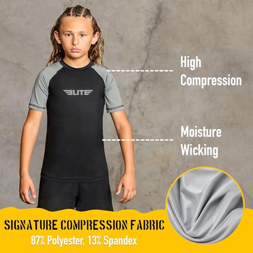 Image of Elite Sports Kids Jiu Jitsu BJJ Rash Guard, Short Half Sleeve Compression Shirt for Youth Boys Girls Sports Nogi Training