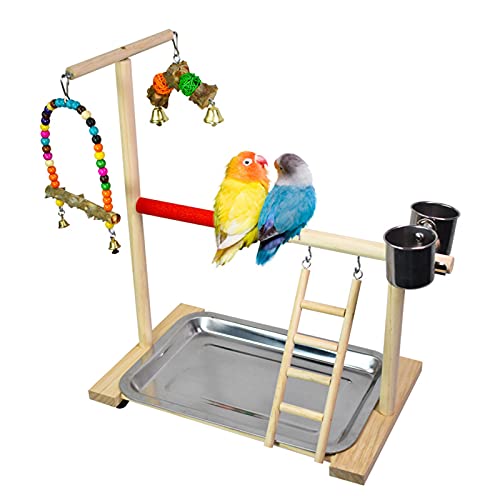 JasCherry Parque de Juego para Pájaros de Madera Soporte de Madera para Pájaros Aves Juego Stand Área de Juego Gimnasio con Columpio, Escalera, Bandeja, Campana y Taza de Alimentación #D