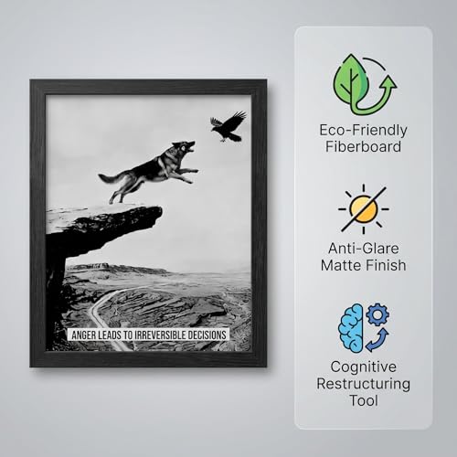 Therapy Office Desk Decor - 8x10 Framed Anger Management Art | Dog Leaping Cliff Symbolic Motivational Print | Anger Leads to Irreversible Decisions | Emotional Regulation Gift for Therapists Counselors — view 3