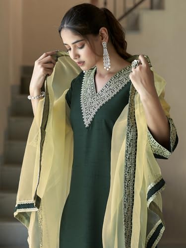 Image of Sanisa Women's Silk Sequence Embroidery Work Straight Kurta With Pant And Dupatta | Ethnic Set | Suit Set | Kurta Set(104KBD1136N-M Dark Green)