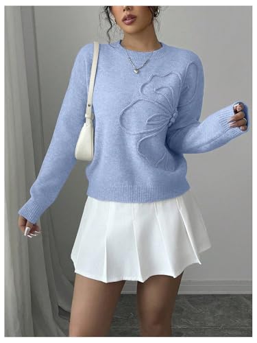 Image of RoseSeek Women's 3D Floral Appliques Crewneck Sweaters Long Sleeve Drop Shoulder Pullovers Elegant Knit Tops