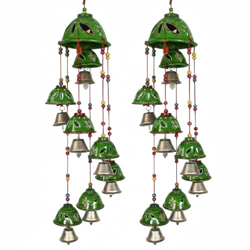 Image of Bindian Rajasthani Handcrafted 8-Bell Hanging Windchimes | Traditional Plastic Latkan for Home Decor, Vastu & Positive Energy | Elegant Wall Hanging for Balcony, Living Room (Green-2)