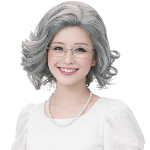 Wiggy Mermaid Gray Old Lady Wig Gray Short Curly Granny Grandma Costume Wig + Necklace for Halloween Party Cosplay Small Size