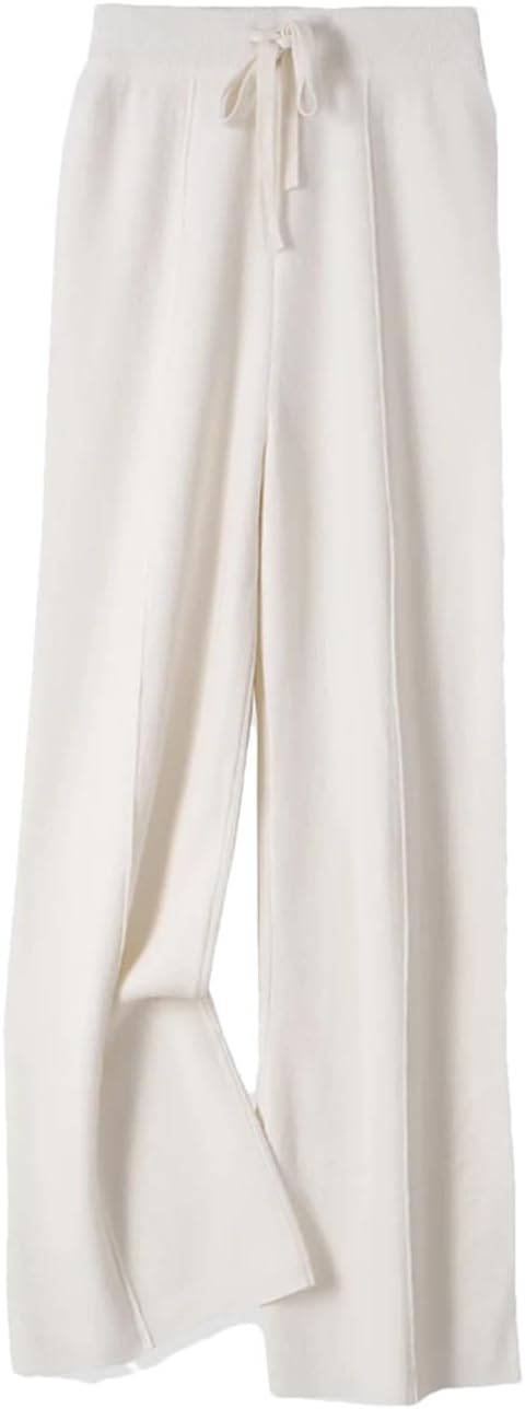 Women's 100% Merino Wool Cashmere-Blend Knit Wide-Leg Pants Soft Warm Casual Straight-Leg Basic Pant