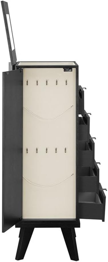 Pemberly Row Jewelry Armoire, Black Painted Wood, 5 Drawers with Cane Front Panels, Felt-Lined Storage, Side Hooks for Accessories, Top Mirror Compartment, Compact Design, 19.63" W x 13.38" D x 41" H