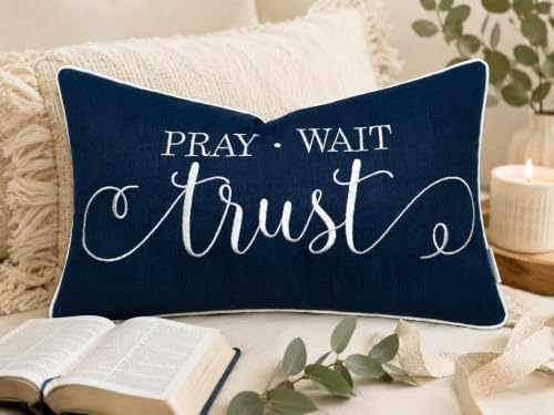 EURASIA DECOR Embroidered Pray Wait Trust 12x20 Lumbar Pillow Cover – Navy Blue Cotton Cushion Cover – Scripture Faith Christian Inspirational Gift Decor for Bed Couch Bench