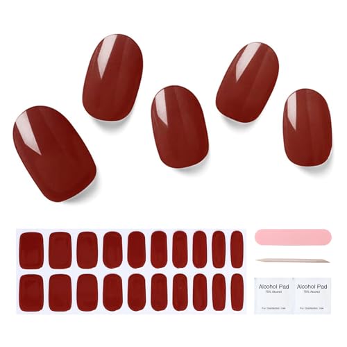 Semi Cured Gel Nail Strips, 20 pcs Gel Nail Stikers, Gel Nail Wraps Semi Cured, Salon-Quality, 2 Weeks Long Lasting - Wine Red