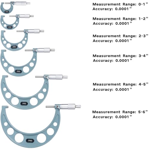 REXBETI 6Pcs Outside Micrometer Set, 0-6" Machinist Micrometer, Ultra-Precision Carbide Tipped Measuring Tool Set, 0.001" Graduation, +/-0.0001" Accuracy, Protective Case