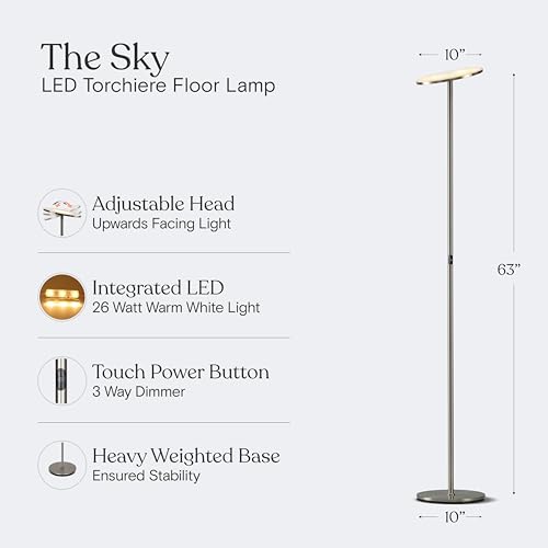Image of Brightech Sky LED Floor lamp, Torchiere Super Bright Floor Lamp for Living Room Decor & Office - Dimmable, Tall Standing Lamp with Warm Light for Bedroom & Reading - Brushed Nickel