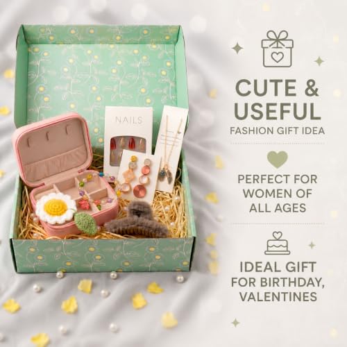 Image of Rakhi Fashion Hamper For Women - Pink PU Leather Travel Jewelry Case Gift Set for Women, Necklace, Hair Claw, Press On Nails, Floral Crochet Keepsake Box for Girlfriend, Sister, Behen, Sis
