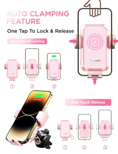 Image of Wireless Car Charger, JOYMASS 15W Fast Charging Auto Clamping Car Charger Cell Phone Holder Mount Vent for iPhone 15 14 13 12 Mini Pro Max, Samsung Galaxy S24 Ultra S23 S22 S21+ Note 20, etc - Pink