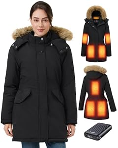GOTOBI Veste Chauffante Femme Avec Batterie Incluse de 18400 Mah 12v, 8 Zones de Chauffage, Avec 3 Niveaux De Tempé,Parka longue,Manteau Hiver Femme chaud et imperméable à capuche amovible,Noir,M