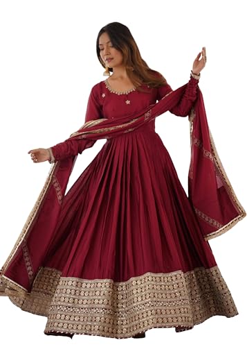 FASHION BAZAR 365 Indian Chinon Silk Fabric Thread Sequnce Work Anarkali Suit 18805 (Mahrron, 38)