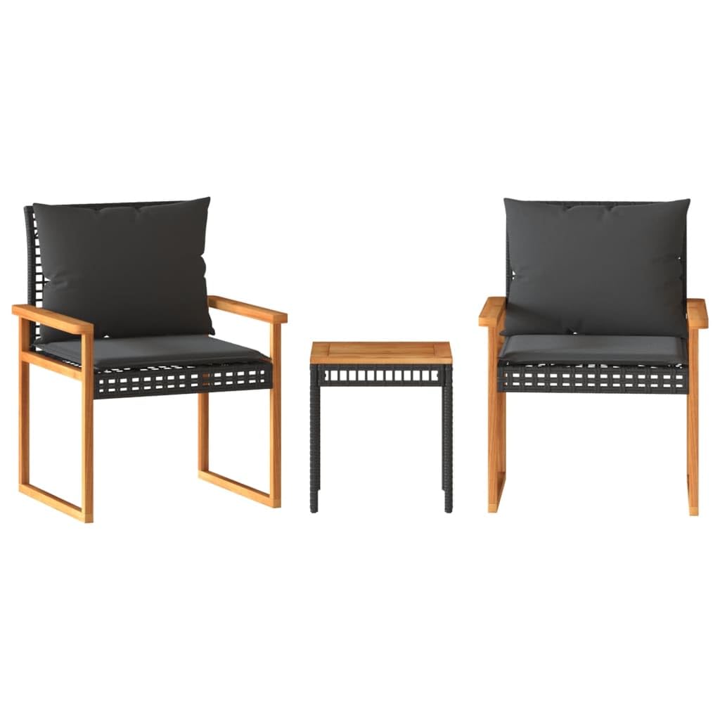 Ensemble de Bistro 3 pcs et Coussins Noir résine tressée Acacia,Ensemble Bar De Jardin,Ensemble De Bar D'Extérieur,Mobilier De Jardin