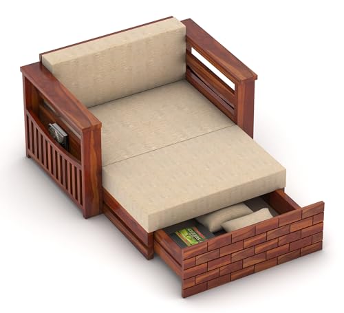 Image of Sheesham Wooden 2 Seater Sofa Cum Bed with Mattresses for Home Living Room | Rosewood 2 Seater Sofa Cums Bed for Bedroom Without Pillow | Solid Wood Sofa Bed (Honey, 2 Seater)