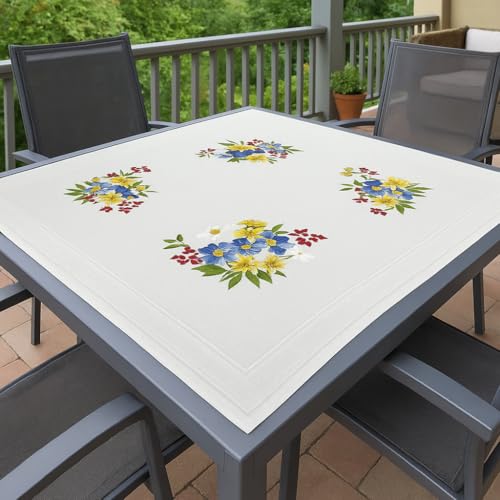 Kit broderie nappe pré-imprimée fleurs avec fil à broder et instructions