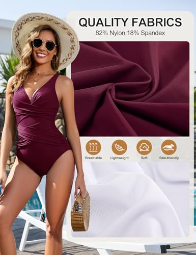 heekpek One Piece Swimsuit Women Swimwear V Neck Swimming Costume Tummy Control Push Up Swimsuit Shapewear Swimwear, Burgundy, L - Image 6