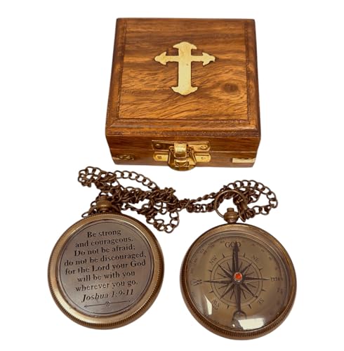 Brújula con caja de madera y grabado religioso miniatura 7