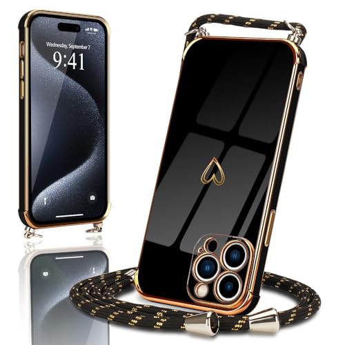 Micoden for iPhone 15 Pro Max Case with Strap Crossbody Lanyard Cord Neck Cute Heart for Girls Women Holder with Necklace Silicone Shockproof Cover for iPhone 15 Pro Max Black