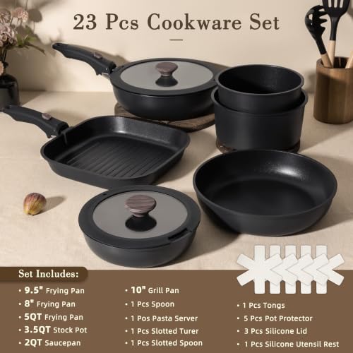 Image of Astercook 23 Pcs Pots and Pans Set Non Stick, Ceramic Cookware Set Detachable Handle, RV Kitchen Cooking Set Removable Handles, Oven Safe, Induction Ready, Stackable, Black, Mothers Day Gifts