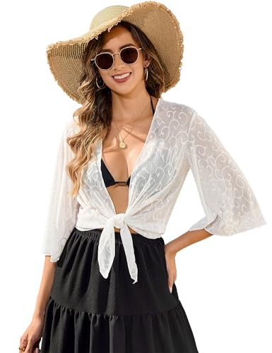Image of Totatuit Women's Short Cardigan Bolero Sheer Shrug Tie Open Front Bell Sleeve Summer Cropped Bolero Cardigan