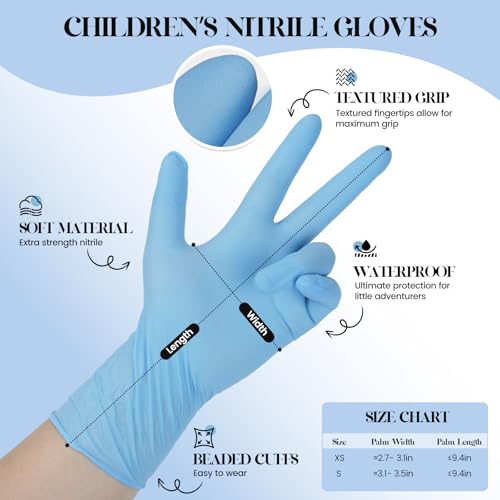 Xandoval Kids Disposable Gloves for 3-8 Years, 5Mil Blue Nitrile Gloves with Latex-Free and Powder-Free, Durable and Protective for Work, Cleaning, Cooking, Gardening (XS,50PCS)