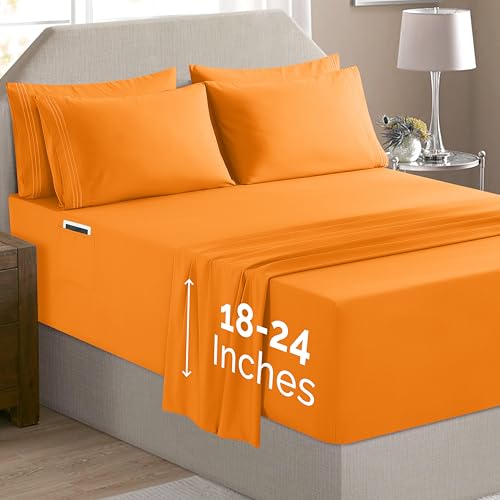GIGBEI Luxury hotel quality bed sheets extra deep pockets 18-24 inch wrinkle storage pockets cal king orange 6pc, adjustable, lightweight, durable, portable, user-friendly
