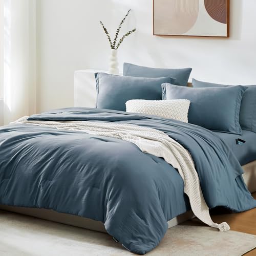 Image of Queen Comforter Set-7 Pieces Soft Prewashed Bed in a Bag Queen Bedding Sets | All Season Comforter with Sheets, Pillow Shams & Pillowcases,Oxford Blue