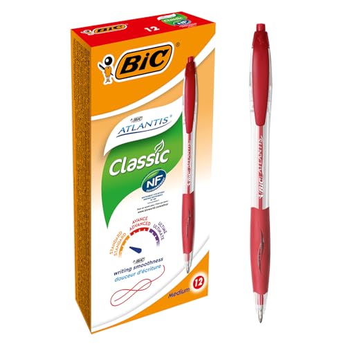 BIC Atlantis Classic Bolígrafos Retráctiles de Punta Media (1,0 mm) - Rojo, Pack de 12