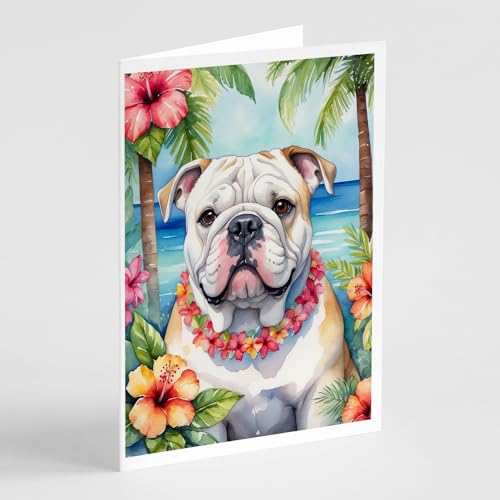 Caroline's Treasures English Bulldog Luau Greeting Cards Pack of 8 Blank Cards with Envelopes Whimsical A7 Size 5x7 Blank Note Cards