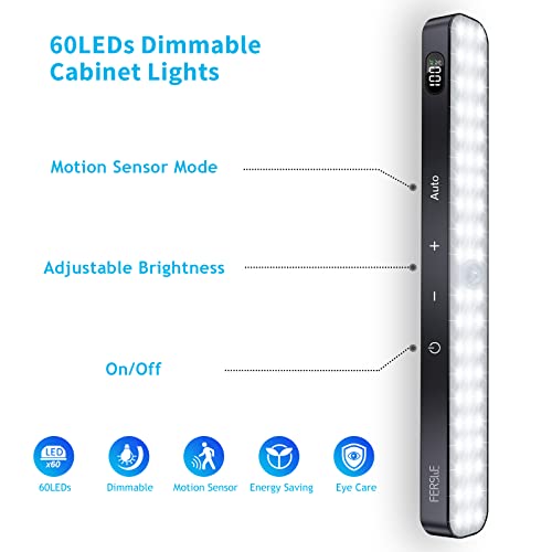 Ferswe Under Cabinet Lights Rechargeable, Battery Level Display, 60 Led Motion Sensor Cabinet Light, Dimmable Touch Control, Under Counter Lights For Kitchen, Closet, Cupboard(2 Pack) #TOP4