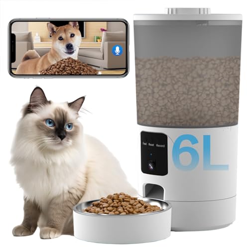 Auto Pet Feeder with Camera, 6L Large Food Storage Container, Night Vision, 2.4Ghz & 5Ghz WiFi, Smart Timed Feeding for Cats and Dogs, Detachable for Easy Clean