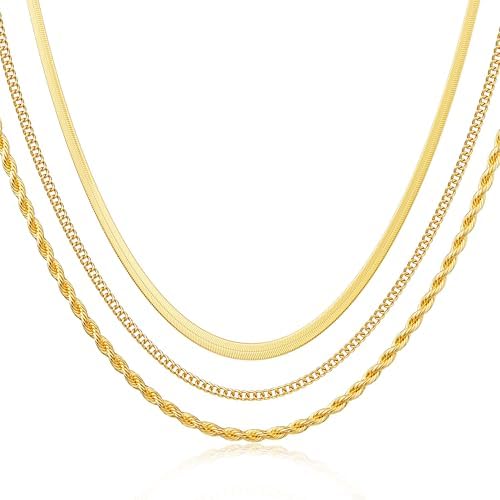 DEARMAY 14K Gold Plated Necklaces for Women, Dainty Gold Herringb...