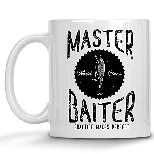 Master Baiter, Practice Makes Perfect Funny Fishing 11 oz. Coffee Mug Gift for Him