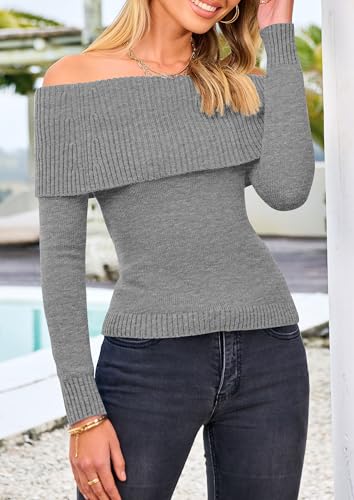 PRETTYGARDEN Off The Shoulder Sweater for Women 2025 Fall Fashion Cute Long Sleeve Tops Winter Ribbed Pullover Knit Outfits