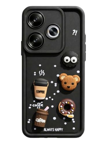 Image of Bintage CASE Cute Fun Taddy Cartoon 3D Ball Bear Milk Cake Coffee Silicon Case Full Body & Camera Protection Back Cover Compatible for MI Poco F6 5G - Black
