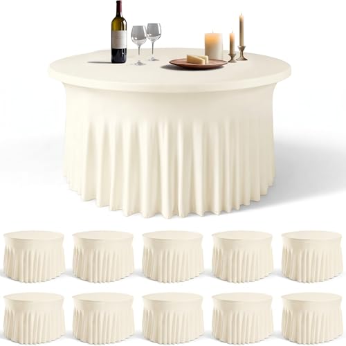 WJWHQ 10 Pack Ivory Round Spandex Tablecloths for 60in Tables, 120Inch Stretchy Fitted 5FT Round Table Clothes,Wrinkle Free Table Cover with Skirt for Wedding Party Dining Banquet