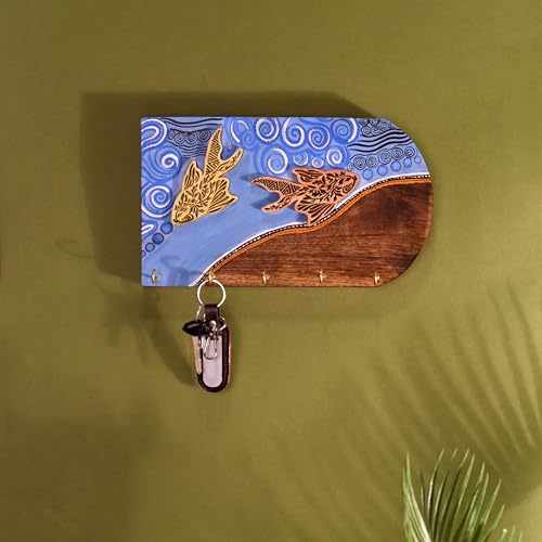 Image of AAKRITI ART CREATIONS Key Holder, Delphy Key Hanger with Fish Motif and Beautiful Artwork | Rustic Wooden Wall Organizer with 5 Hooks | Storage Shelf for Keys, Hats | Multifunctional Entryway Decor