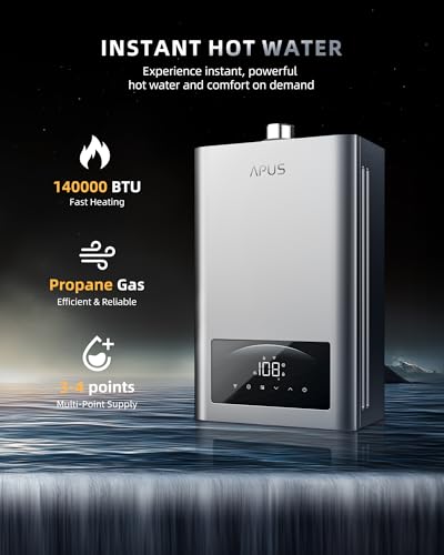 Image of APUS Propane Tankless Water Heater, 140,000 BTU, Up to 6.8 GPM, Indoor | 4-5 Points for Whole Home, Zero-cold-water for Instant, Booster High Flow Pump, Wi‑Fi APP, 95-140F Control and Anti-freeze