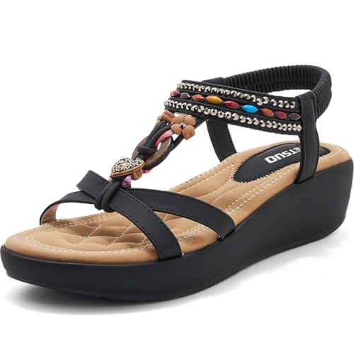 TETSUO Sandals Women Platform Wedge Low Heels Sandals Dressy Flower Summer Beach Rhinestone Casual Shoes for Women Walking Elastic Ankle Strap Open Toe Bohemia Shoes