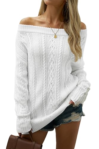 Image of VIMPUNEC Womens Off The Shoulder Sweaters Color Block Oversized Pullover Sweater Cable Knit Chunky Tops Cable White S
