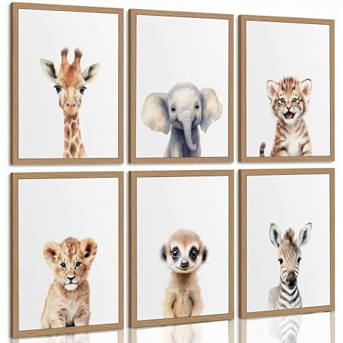 Image of 6Pcs Safari Animal Nursery Canvas Wall art Cute Elephant Giraffe Leopard Zebra Deer Kids Room Painting Pictures Wall Decor Neutral Poster Prints for Baby Boys and Girls Childrens Room Unframed
