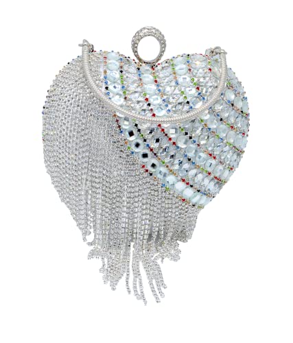 Image of UMREN Women Luxury Heart Shape Tassel Evening Clutch Bag Rhinestones Wedding Party Purse Handbag