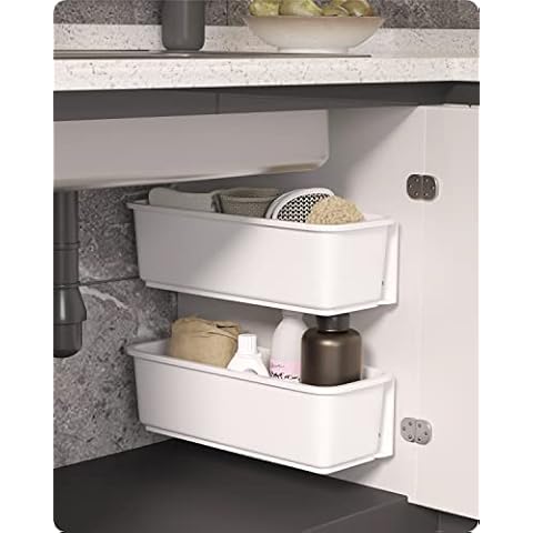 Baffect 2 pcs Under Sink Organizers Pull Out Cabinet Organizer Slide Out Plastic Storage Drawers Sliding Basket for Kitchen Bathroom Undersink (White) Cover