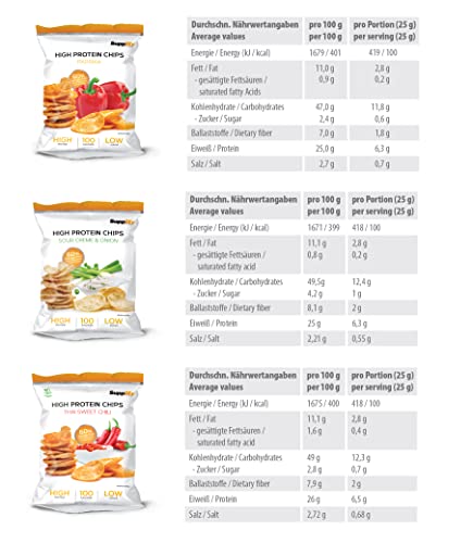 Supplify 6x50g High Protein-Chips Mix-Box in verschiedenen Geschmacksrichtungen (Paprika, Thai Sweet Chili, Sour Cream ´n Onion) - Low Carb Eiweißchips - Proteinchips kalorienarm, Fitness Snack