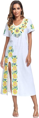 Image of YZXDORWJ Women Mexican Embroidered Dress V Neck Sexy Maxi Short Sleeve Casual Beach Split Dress