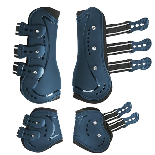 HackFond Horse Tendon Boots, Fetlock Boots & Open Front Boots for Jumping, Set of 4, Horse Protection Leg Guard, Navy, Horse Size Large