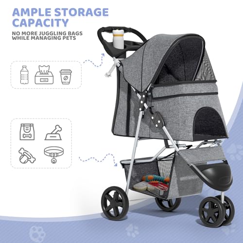 Image of Magshion 3-Wheel Pet Stroller, Foldable Travel Jogger for Small & Medium Dogs & Cats (Up to 33lbs), Lightweight Carrier with Breathable Mesh Cover, Cup Holder & Storage Basket, Gray